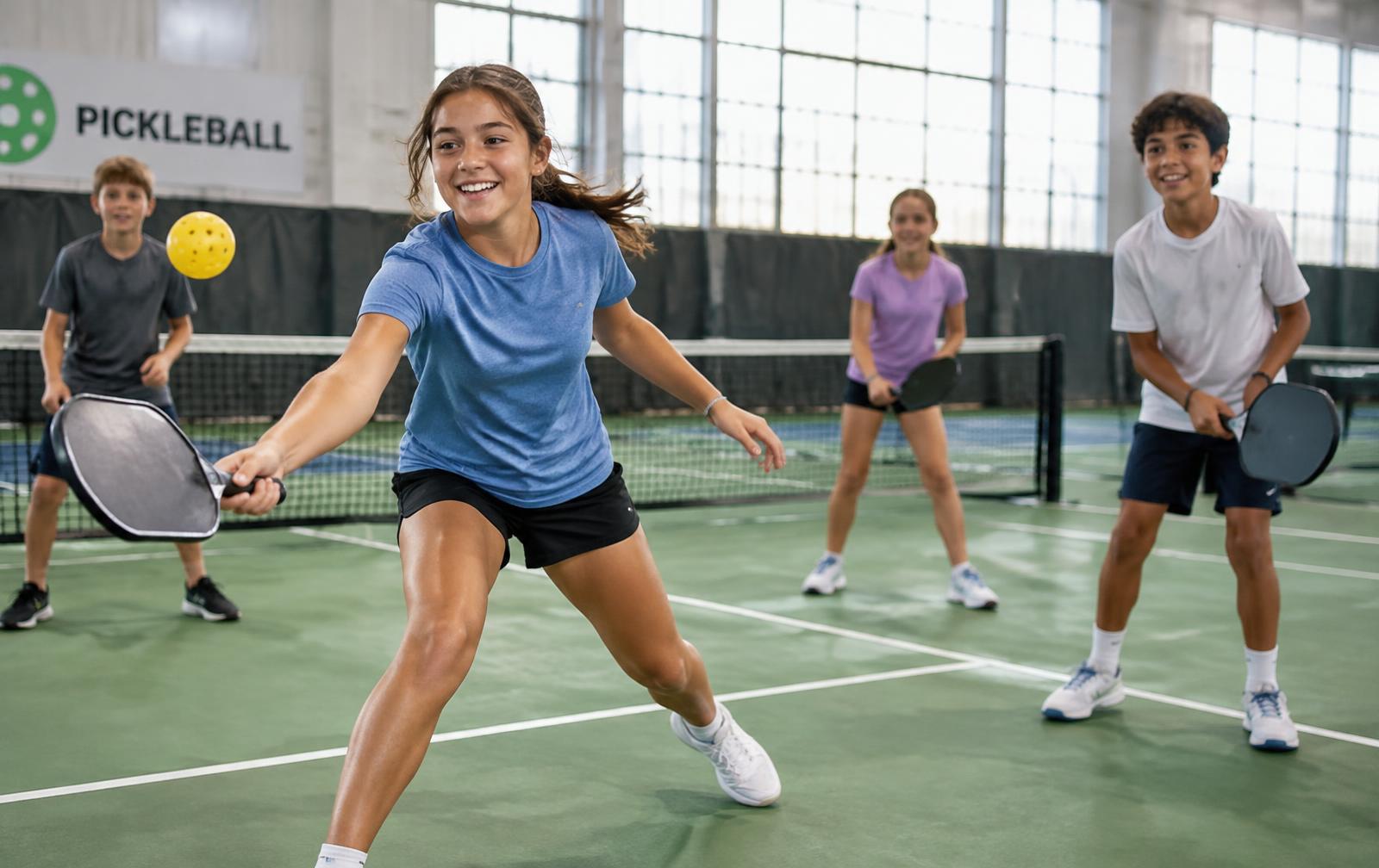 Kids playing pickleball on an indoor court